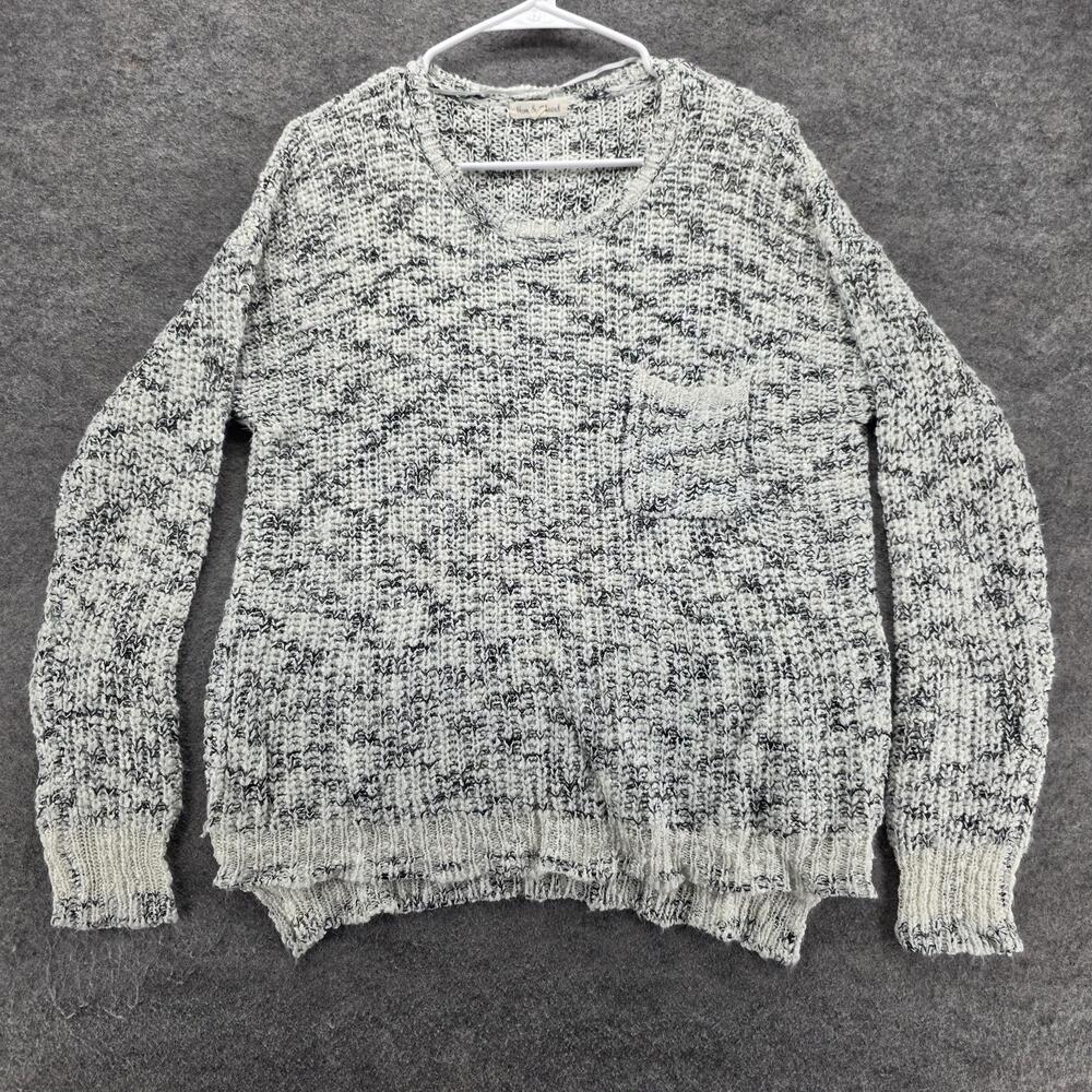 Hem & Thread Sweater Pullover Womens M/L Gray Chunky-Knit Pocket Distressed Hem